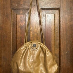 Tan Ruched Shoulder Bag with Polished Finish